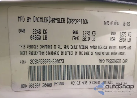 2006 Chrysler 300 Touring z USA, uszkodzony, nr VIN 2C3KA53G76H230073